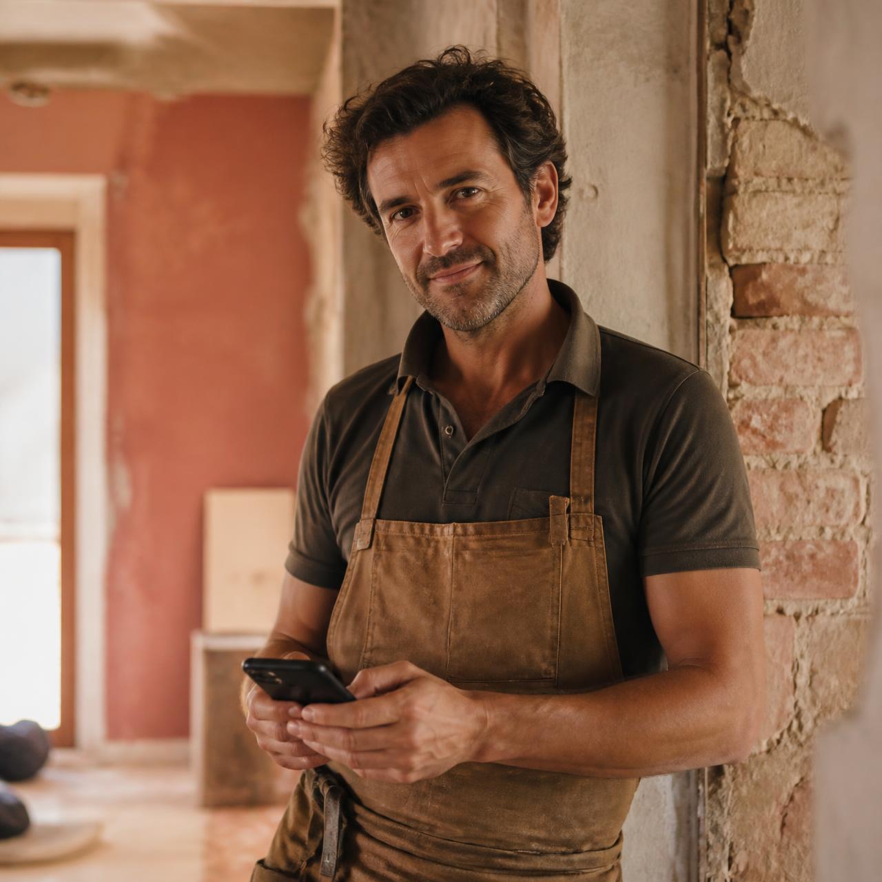 Artisan sur chantier avec son téléphone